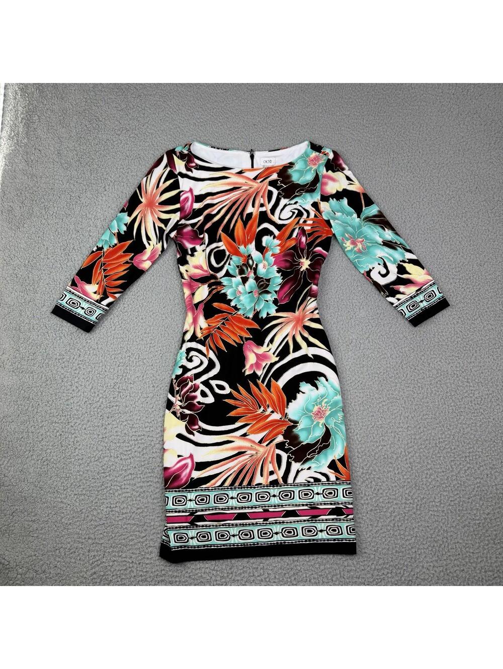 Vintage Cache Floral Tropical 3/4 Sleeve Stretch Jersey Mini Dress Size 2